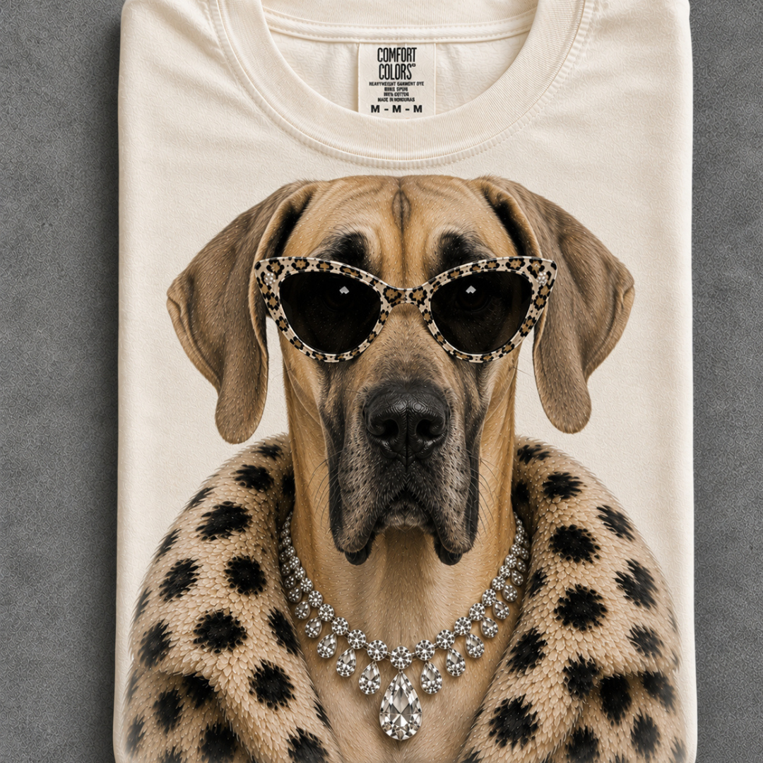 Made to Order | Fur Coat Energy Fawn Great Dane Printed Graphic Design Tee or Sweatshirt in Multiple Printing Options on Ivory