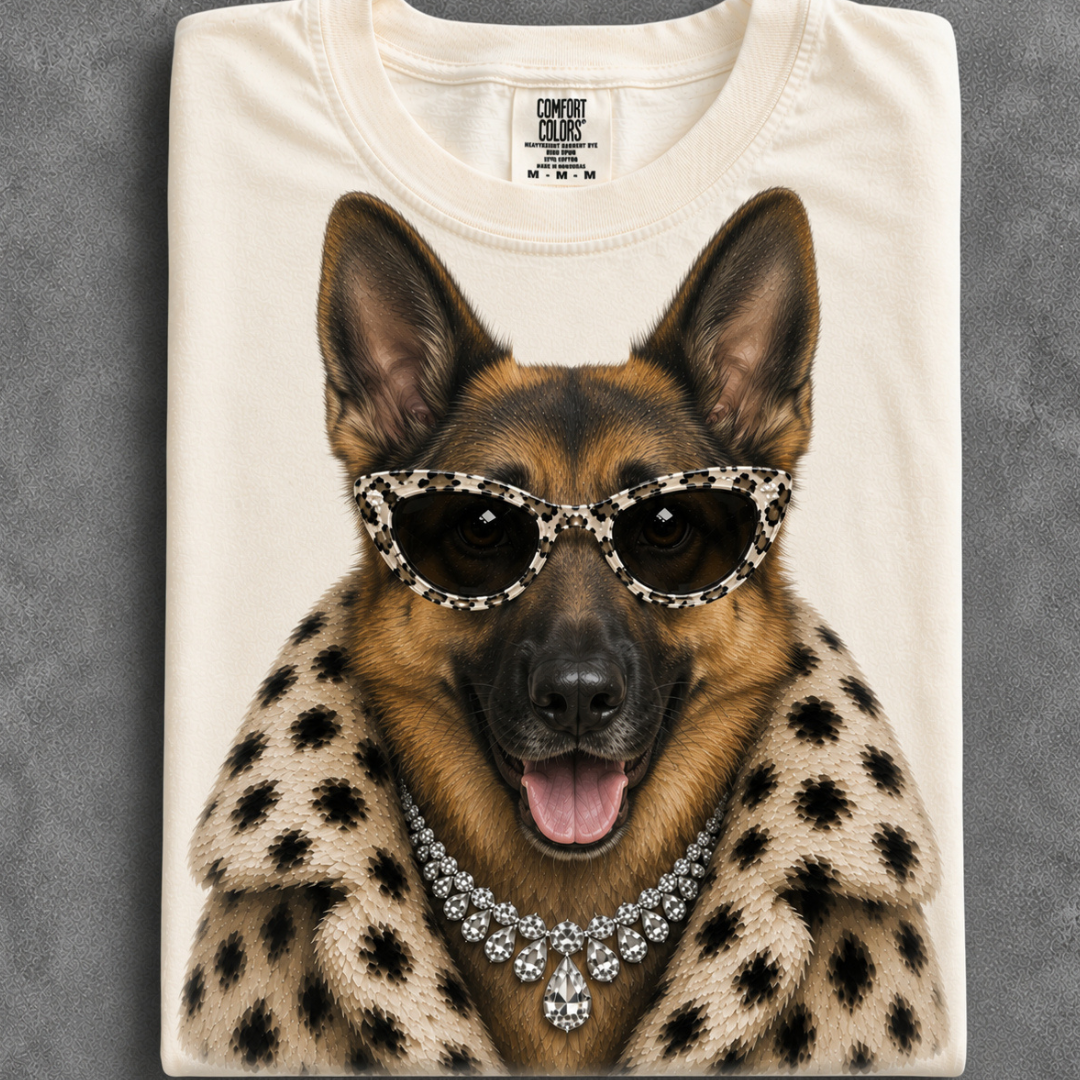 Made to Order | Fur Coat Energy German Shepard Printed Graphic Design Tee or Sweatshirt in Multiple Printing Options on Ivory