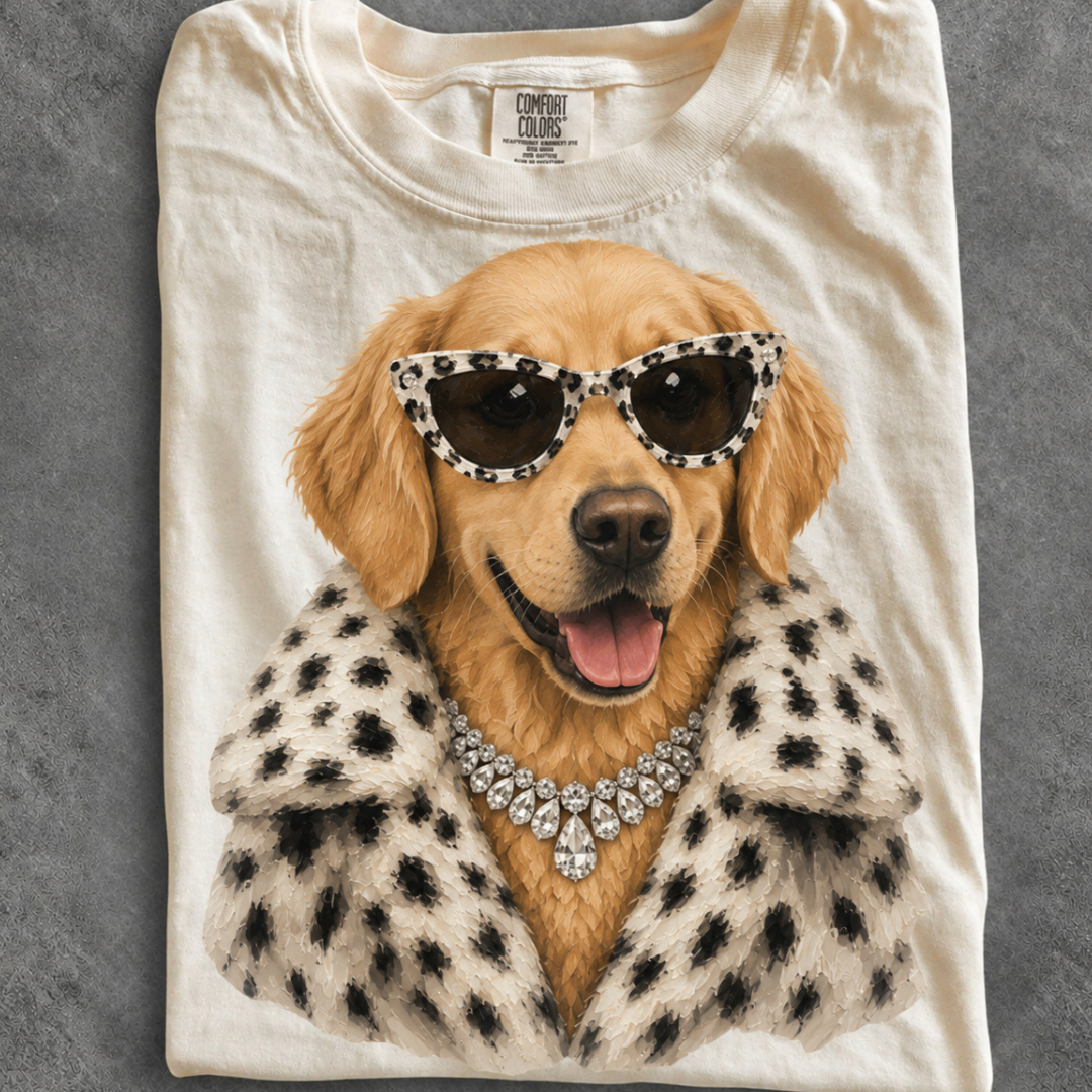 Made to Order | Fur Coat Energy Golden Retriever Printed Graphic Design Tee or Sweatshirt in Multiple Printing Options on Ivory