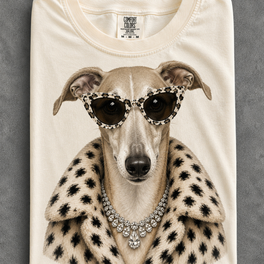 Made to Order | Fur Coat Energy Greyhound Printed Graphic Design Tee or Sweatshirt in Multiple Printing Options on Ivory