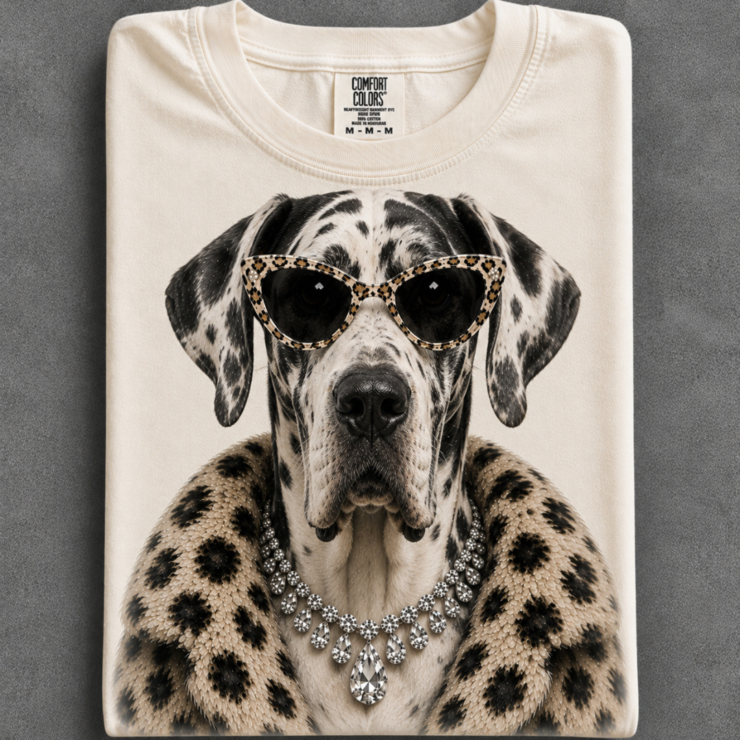 Made to Order | Fur Coat Energy Harlequin Great Dane Printed Graphic Design Tee or Sweatshirt in Multiple Printing Options on Ivory