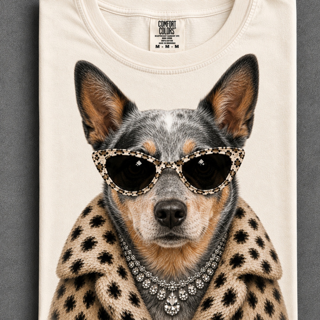 Made to Order | Fur Coat Energy Heeler Printed Graphic Design Tee or Sweatshirt in Multiple Printing Options on Ivory