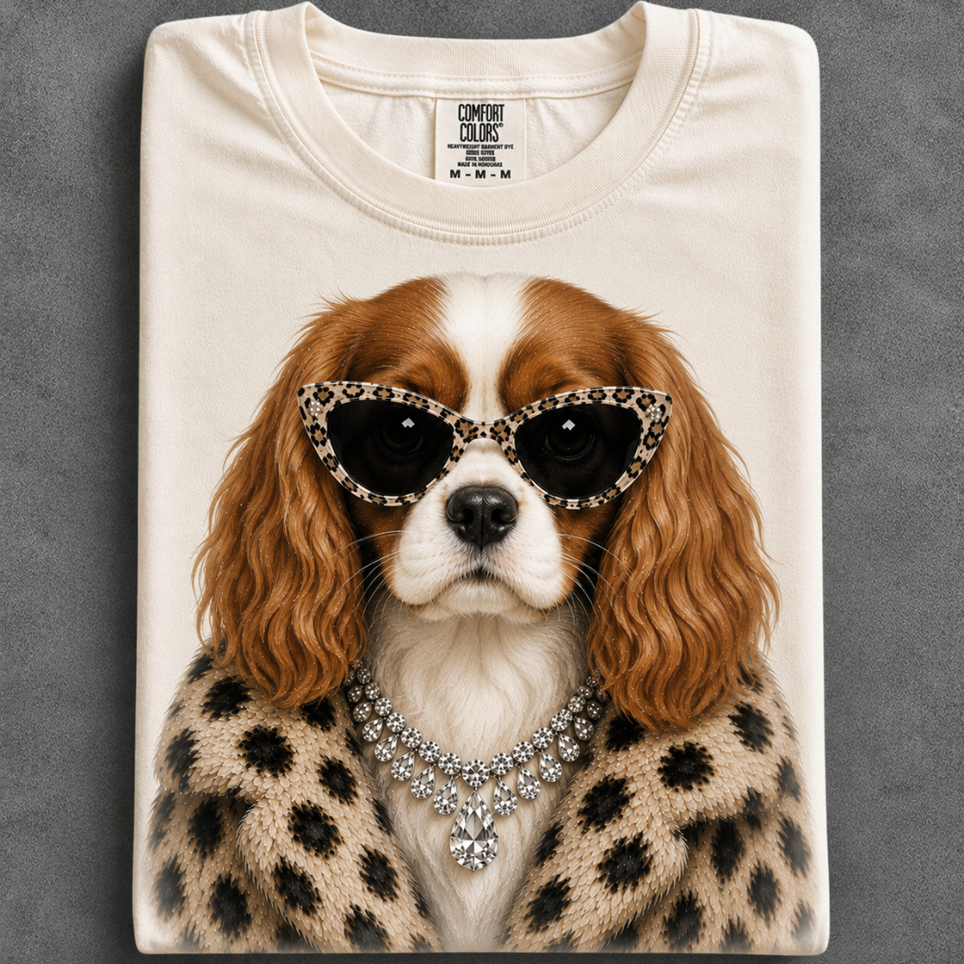 Made to Order | Fur Coat Energy King Charles Spaniel Printed Graphic Design Tee or Sweatshirt in Multiple Printing Options on Ivory