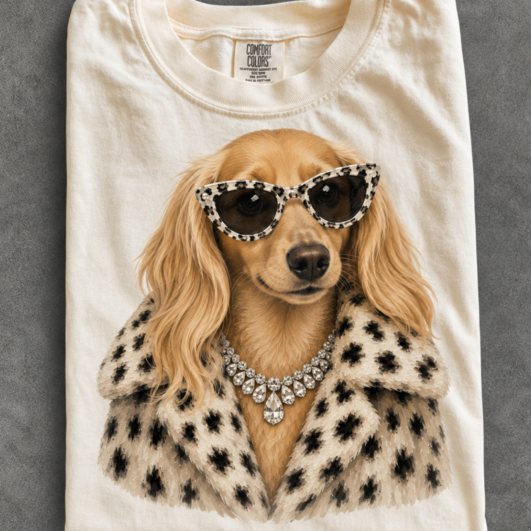 Made to Order | Fur Coat Energy Longhair Blonde Weenie Dog Printed Graphic Design Tee or Sweatshirt in Multiple Printing Options on Ivory