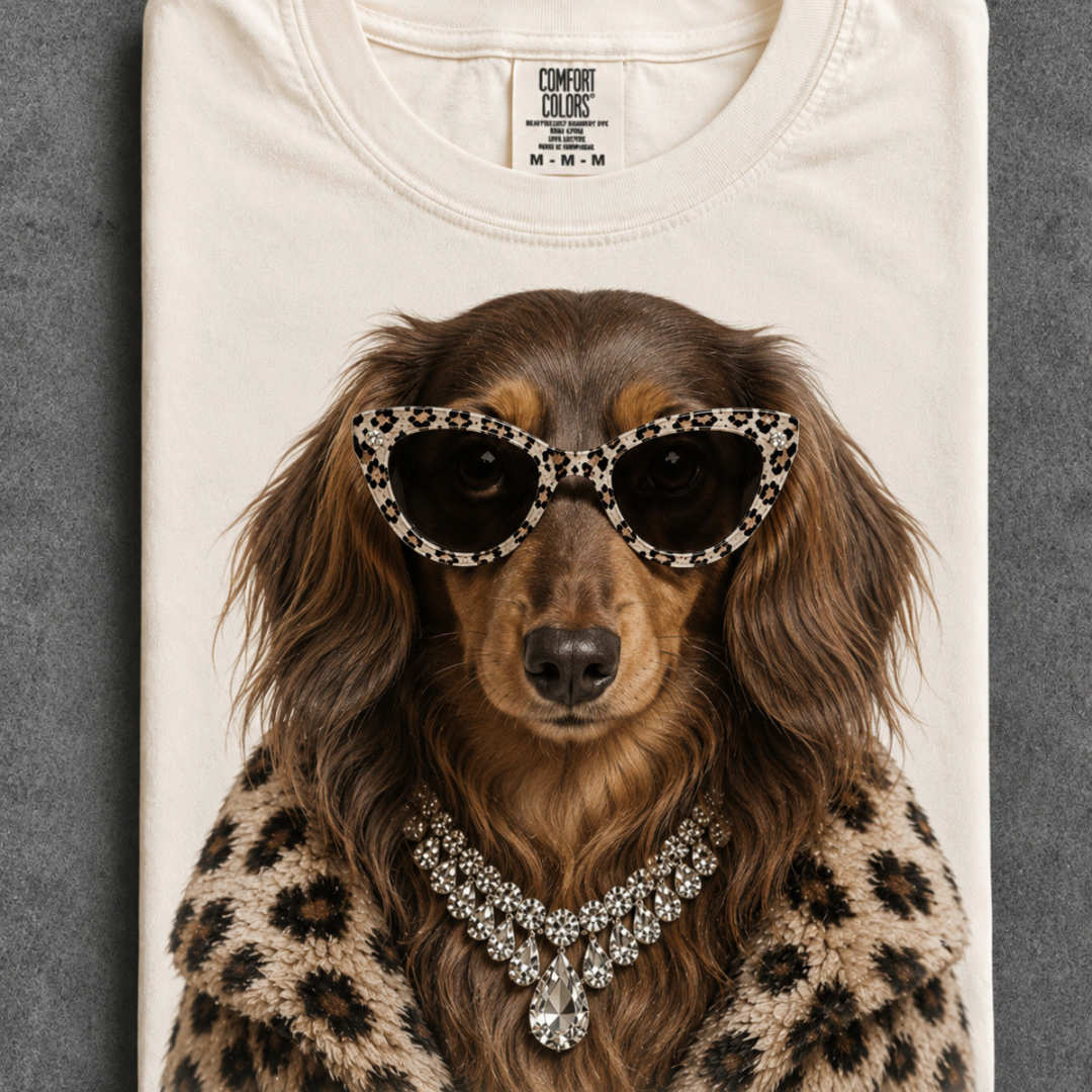 Made to Order | Fur Coat Energy Longhair Brown Dachshund Printed Graphic Design Tee or Sweatshirt in Multiple Printing Options on Ivory
