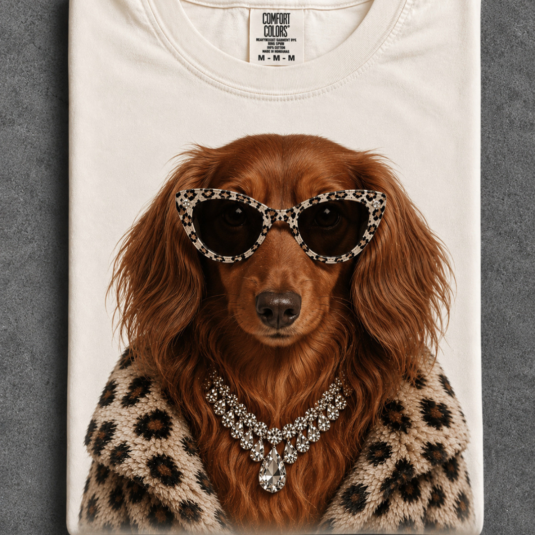 Made to Order | Fur Coat Energy Longhair Red Dachshund Printed Graphic Design Tee or Sweatshirt in Multiple Printing Options on Ivory