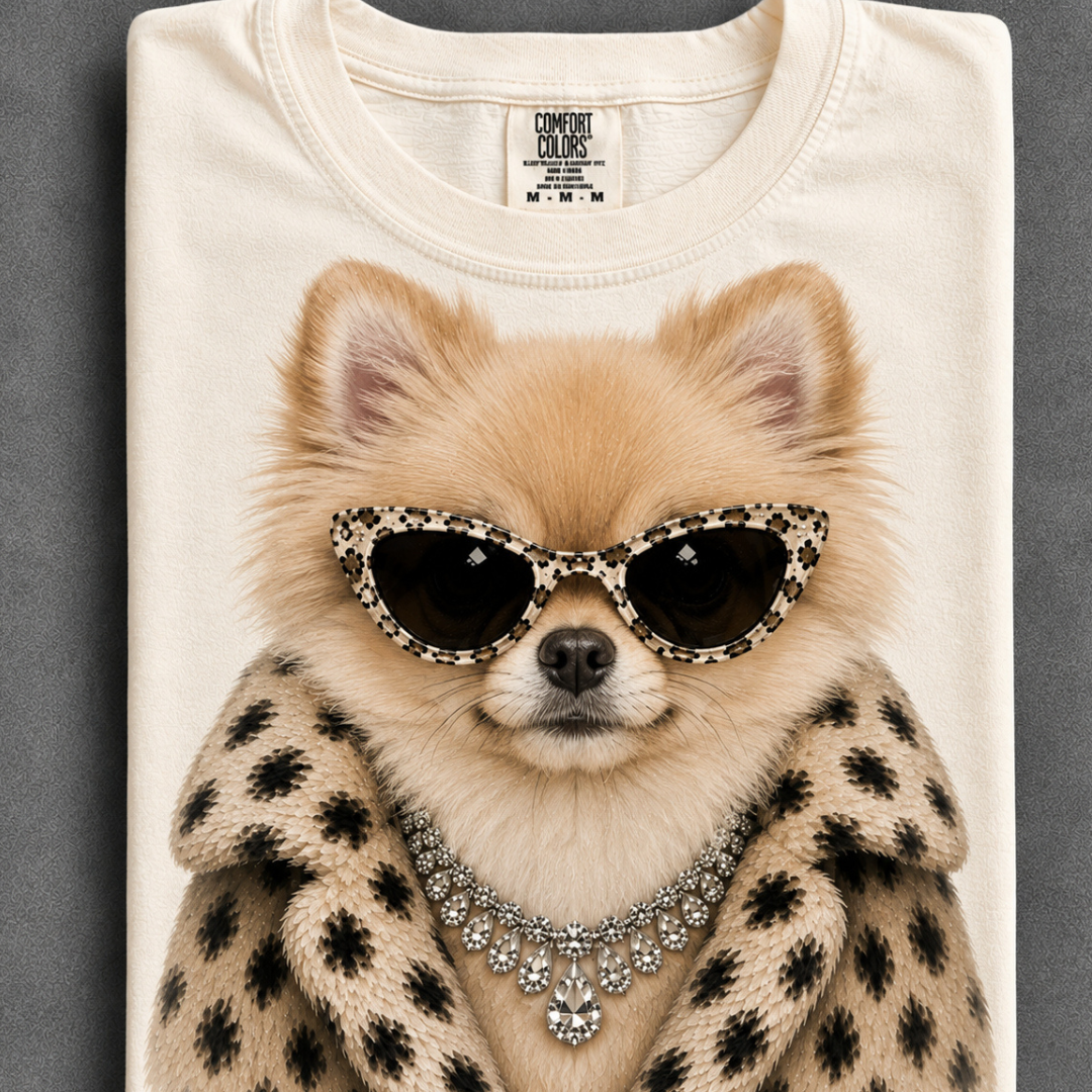 Made to Order | Fur Coat Energy Pomeranian Printed Graphic Design Tee or Sweatshirt in Multiple Printing Options on Ivory