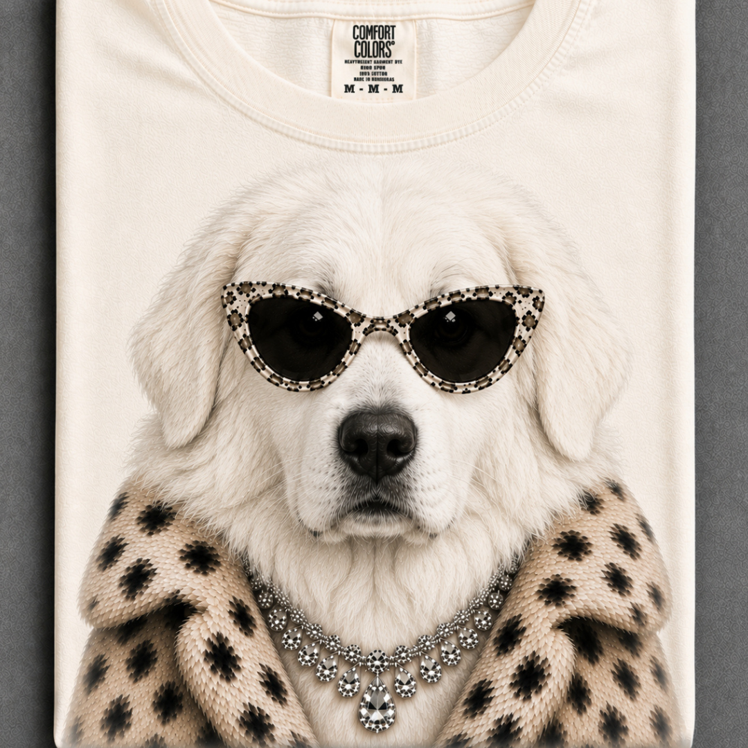Ivory graphic tee or sweatshirt featuring a white Great Pyrenees wearing spotted cat-eye sunglasses, a sparkling statement necklace and spotted faux fur coat.