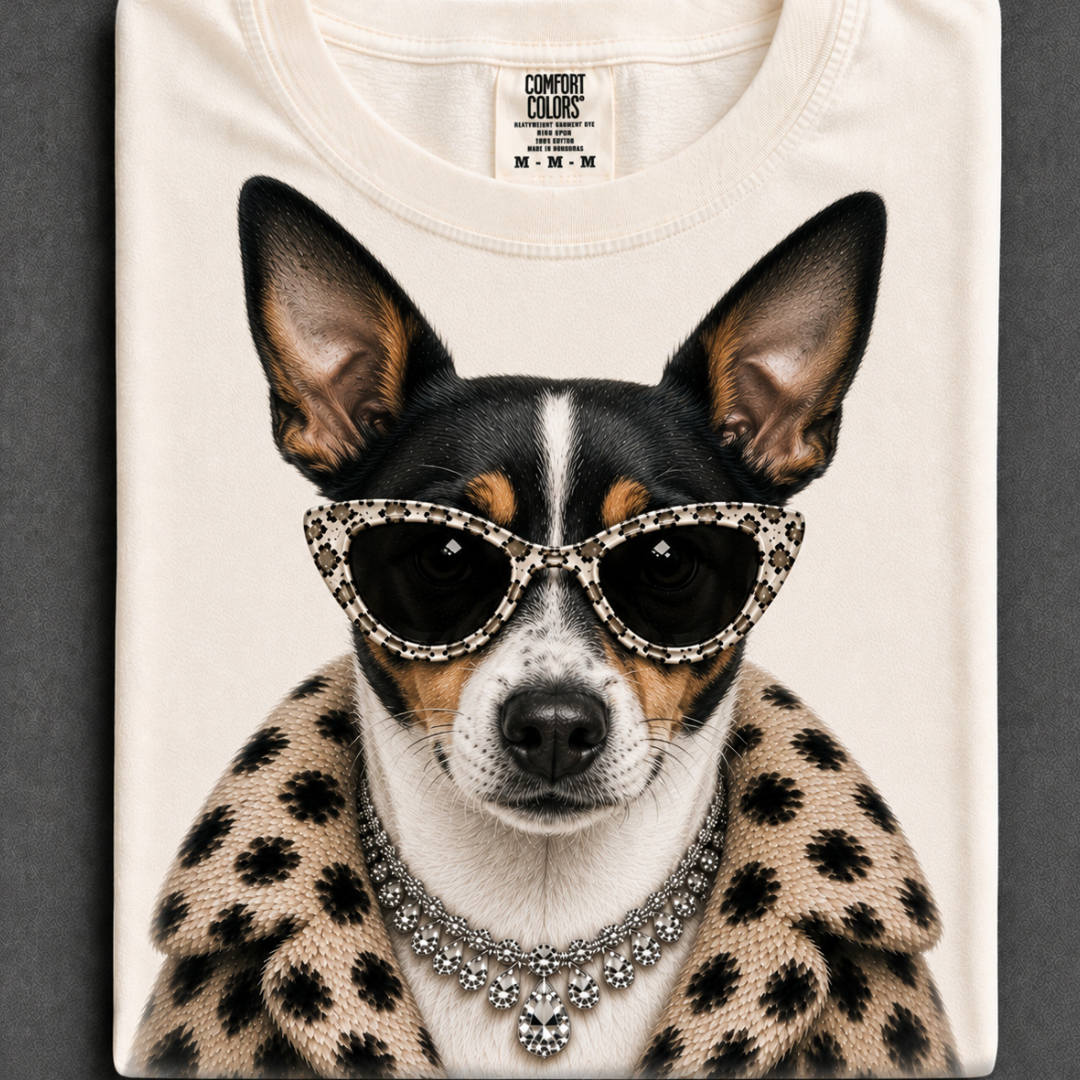Made to Order | Fur Coat Energy Rat Terrier Printed Graphic Design Tee or Sweatshirt in Multiple Printing Options on Ivory