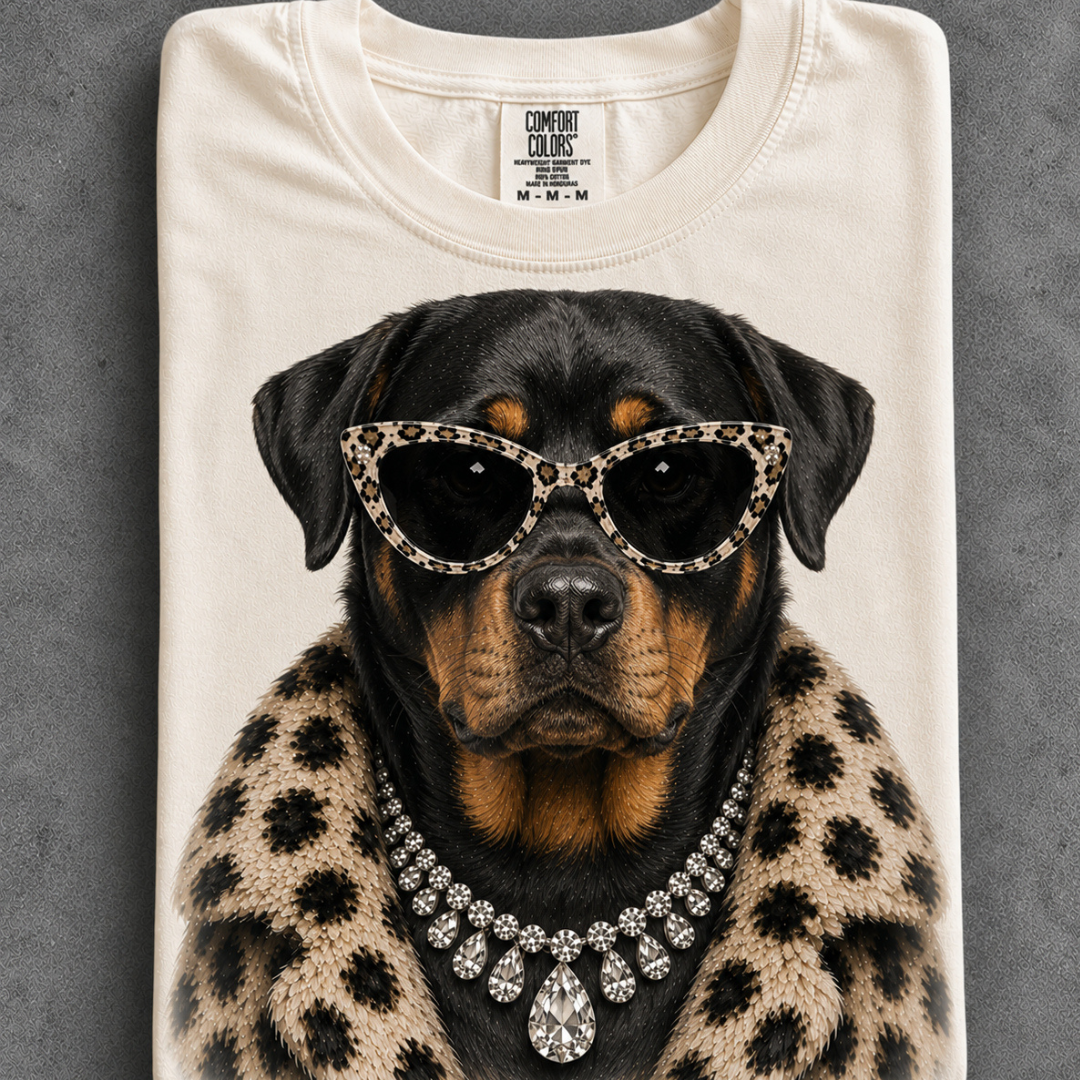 Made to Order | Fur Coat Energy Rottweiler Printed Graphic Design Tee or Sweatshirt in Multiple Printing Options on Ivory