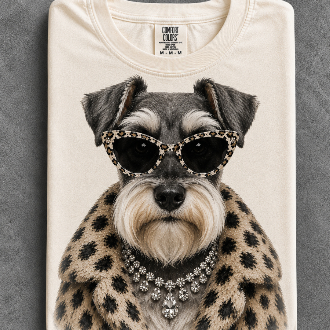 Made to Order | Fur Coat Energy Schnauzer Printed Graphic Design Tee or Sweatshirt in Multiple Printing Options on Ivory