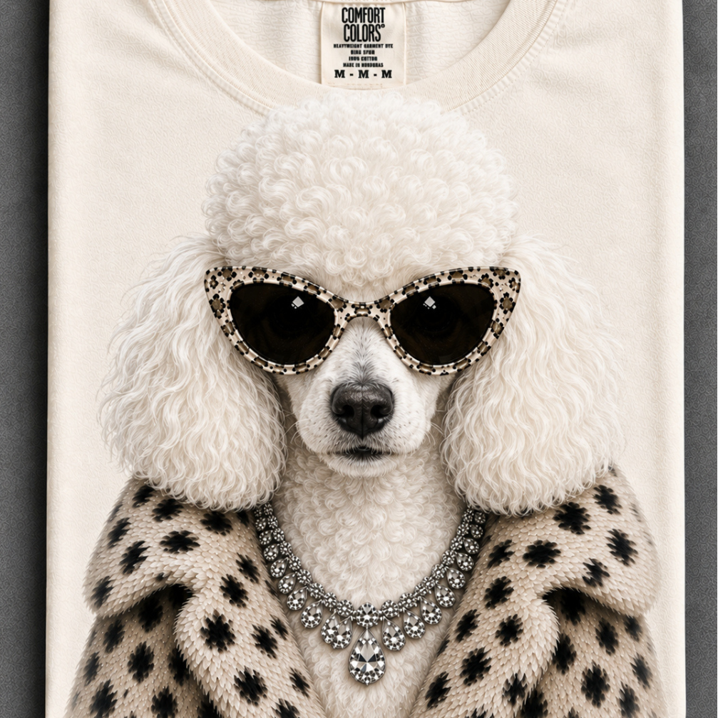 Ivory graphic tee or sweatshirt featuring a white Poodle wearing spotted cat-eye sunglasses, a sparkling statement necklace and spotted faux fur coat.