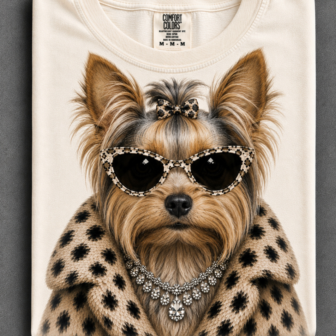 Ivory graphic tee or sweatshirt featuring a Yorkie wearing spotted cat-eye sunglasses, a matching hair bow, sparkling necklace and spotted faux fur coat.
