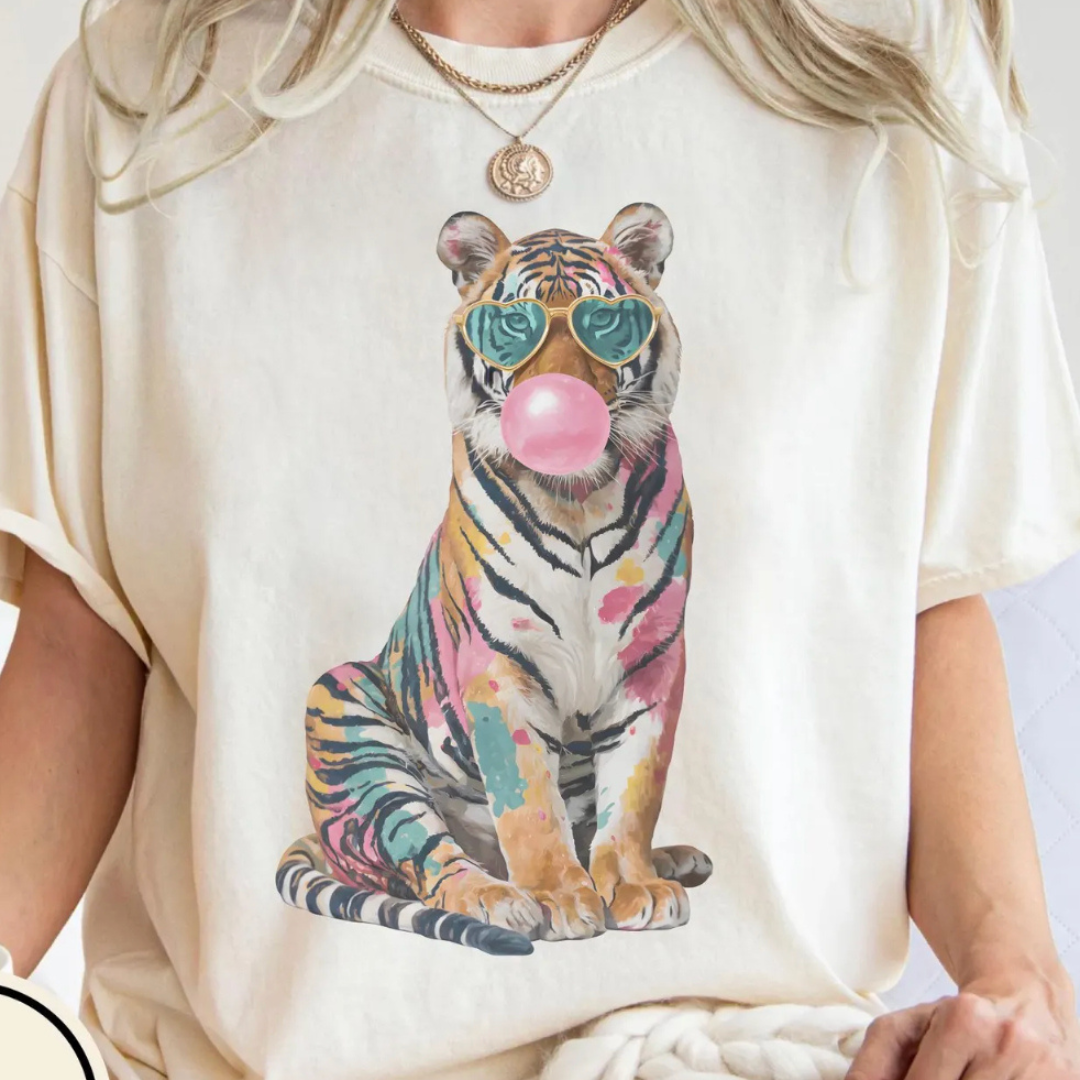 Made to Order | Girly Pop Tiger Graphic Design Tee or Sweatshirt in Multiple Printing Options on Ivory