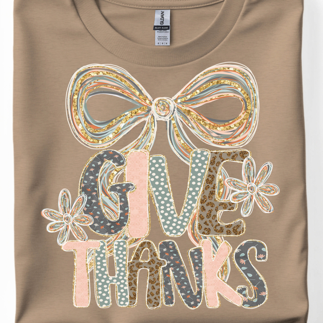 Made to Order | Give Thanks Bow Pastel Graphic Design Tee or Sweatshirt in Multiple Printing Options on Brown