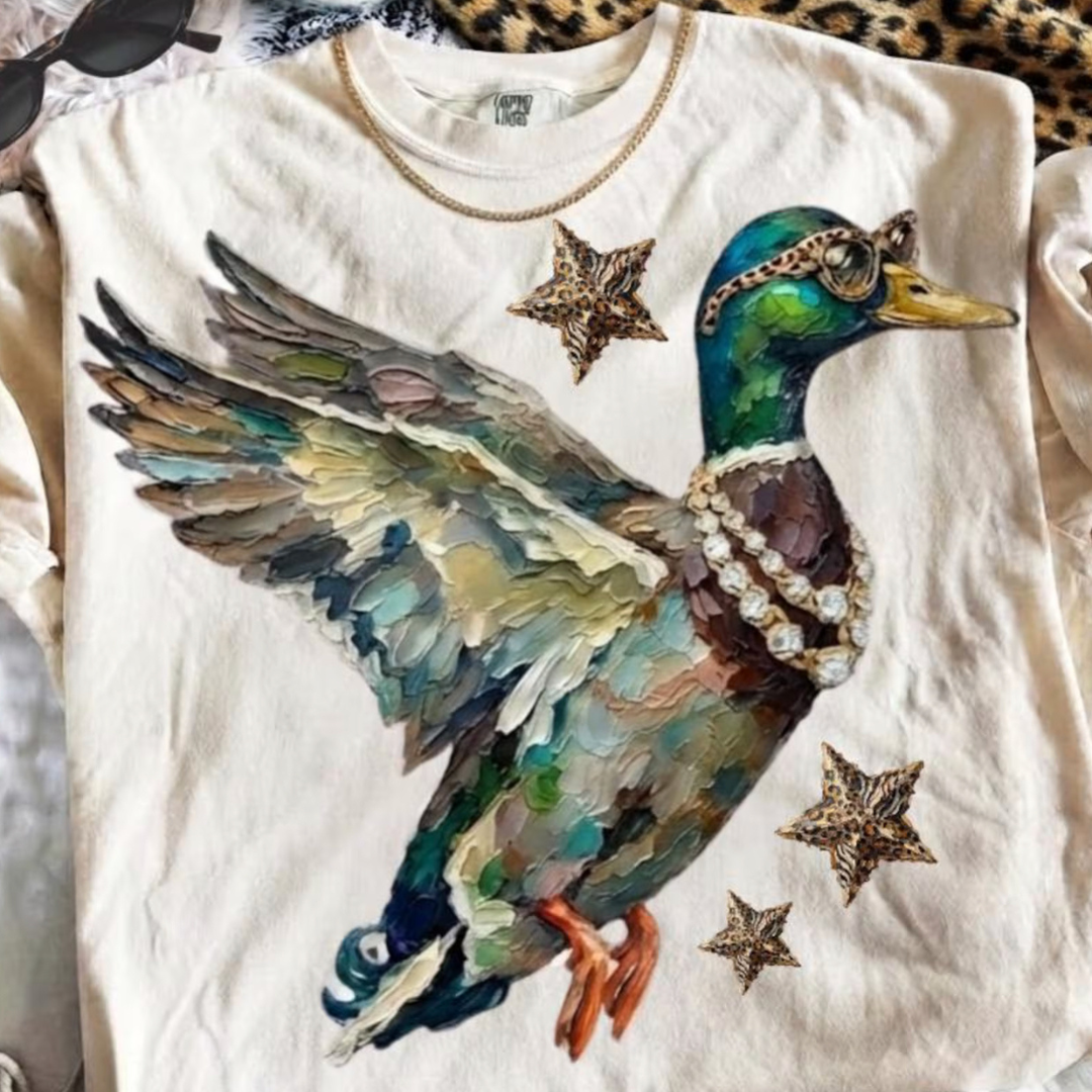 Made to Order | Glam Hand Painted Duck Printed Graphic Design Tee or Sweatshirt in Multiple Printing Options on Ivory