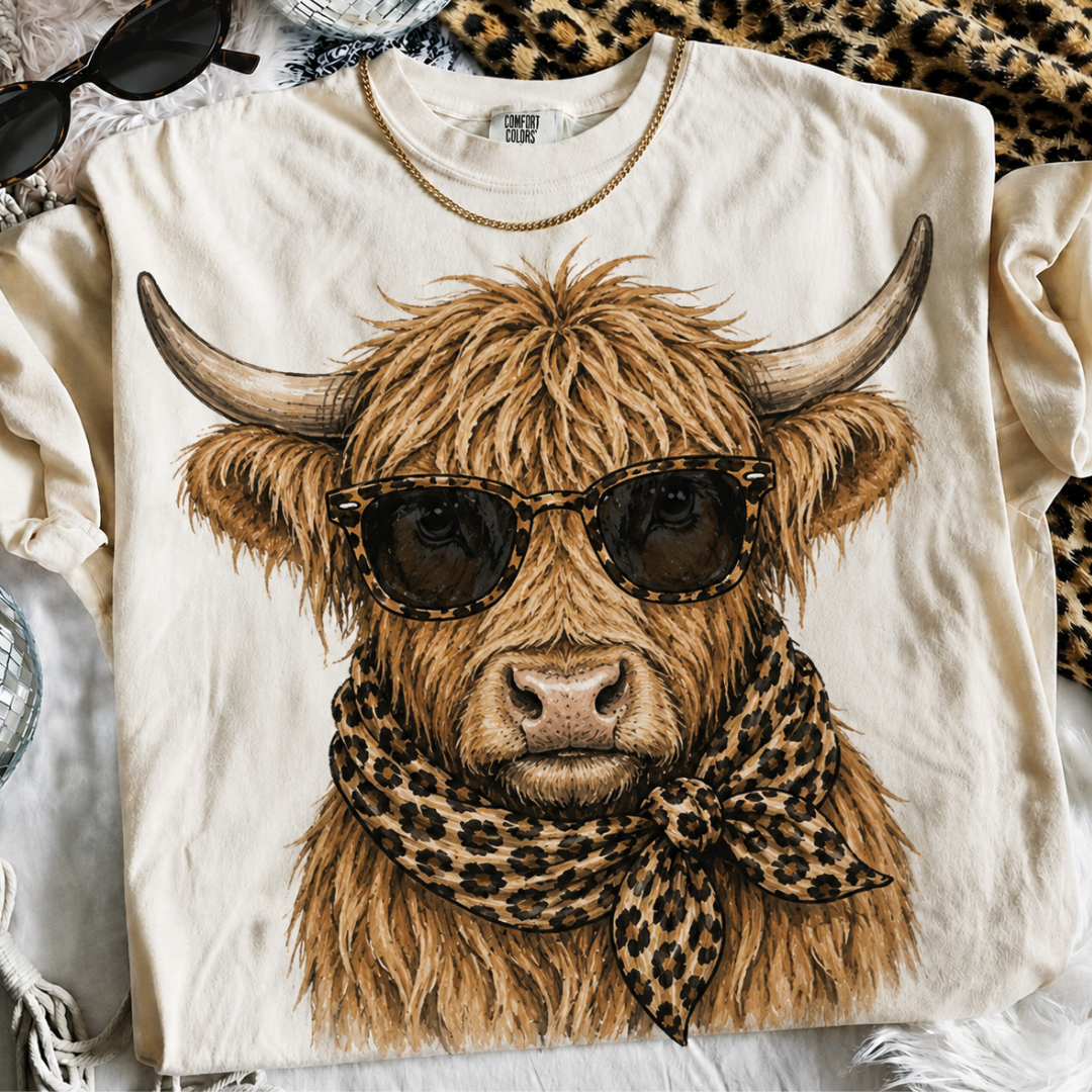 Made to Order | Glam Highland Cow Printed Graphic Design Tee or Sweatshirt in Multiple Printing Options on Ivory