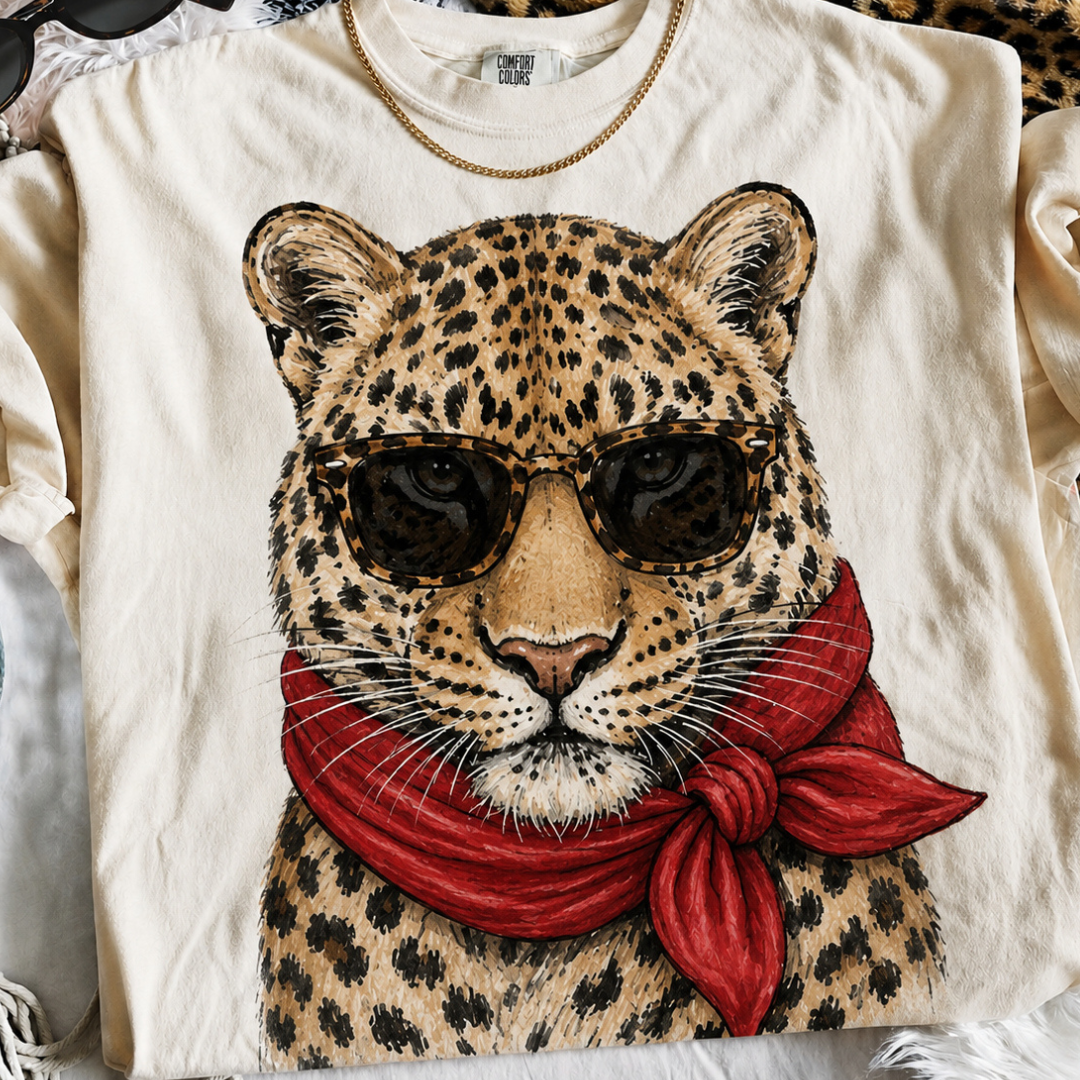 Made to Order | Glam Leopard With Red Scarf Printed Graphic Design Tee or Sweatshirt in Multiple Printing Options on Ivory