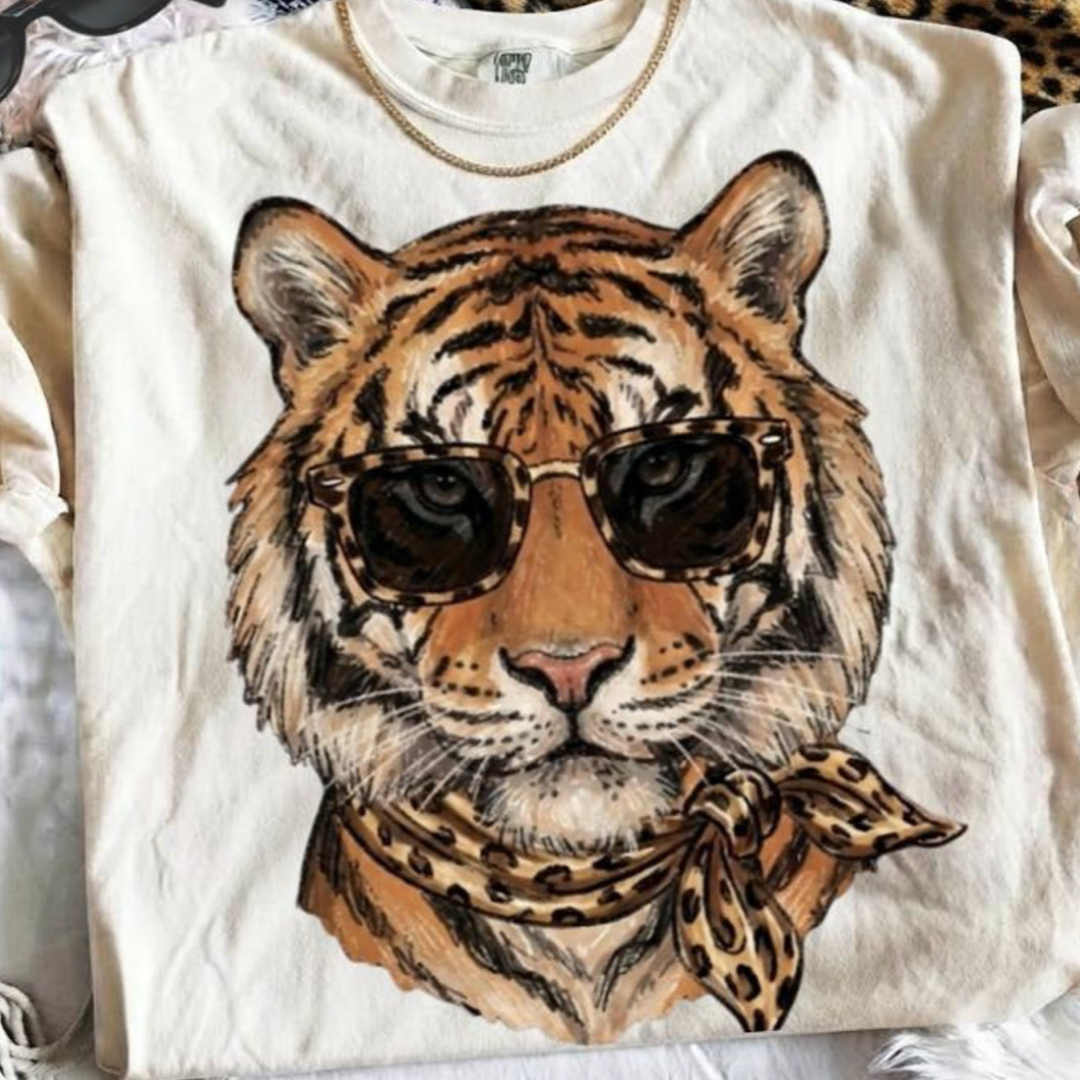 Made to Order | Glam Tiger Graphic Tee or Sweatshirt in Multiple Printing Options on Ivory or Black