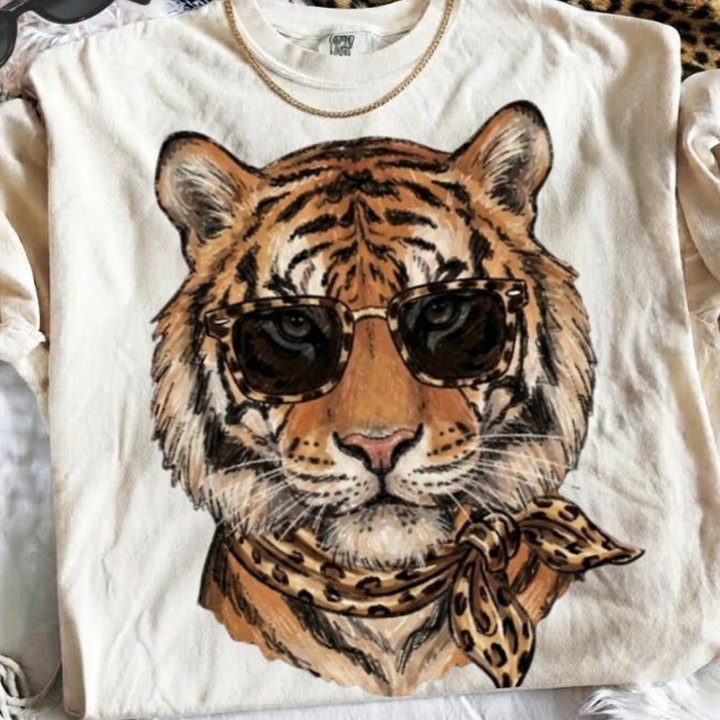 Made to Order | Glam Tiger Graphic Tee or Sweatshirt in Multiple Printing Options on Ivory or Black