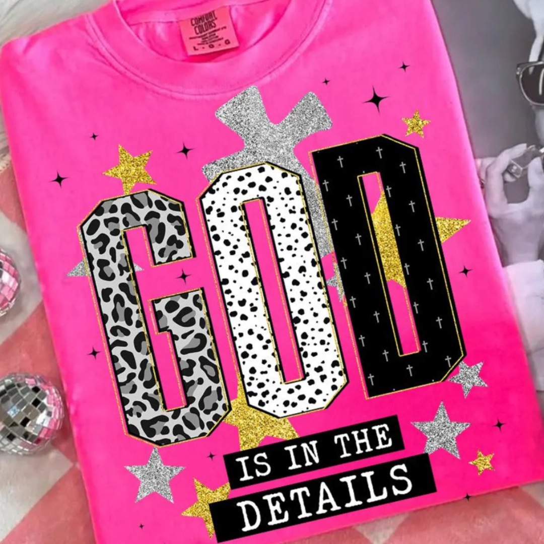 Made to Order | God In The Details Graphic Tee or Sweatshirt in Multiple Printing Options on Neon Pink