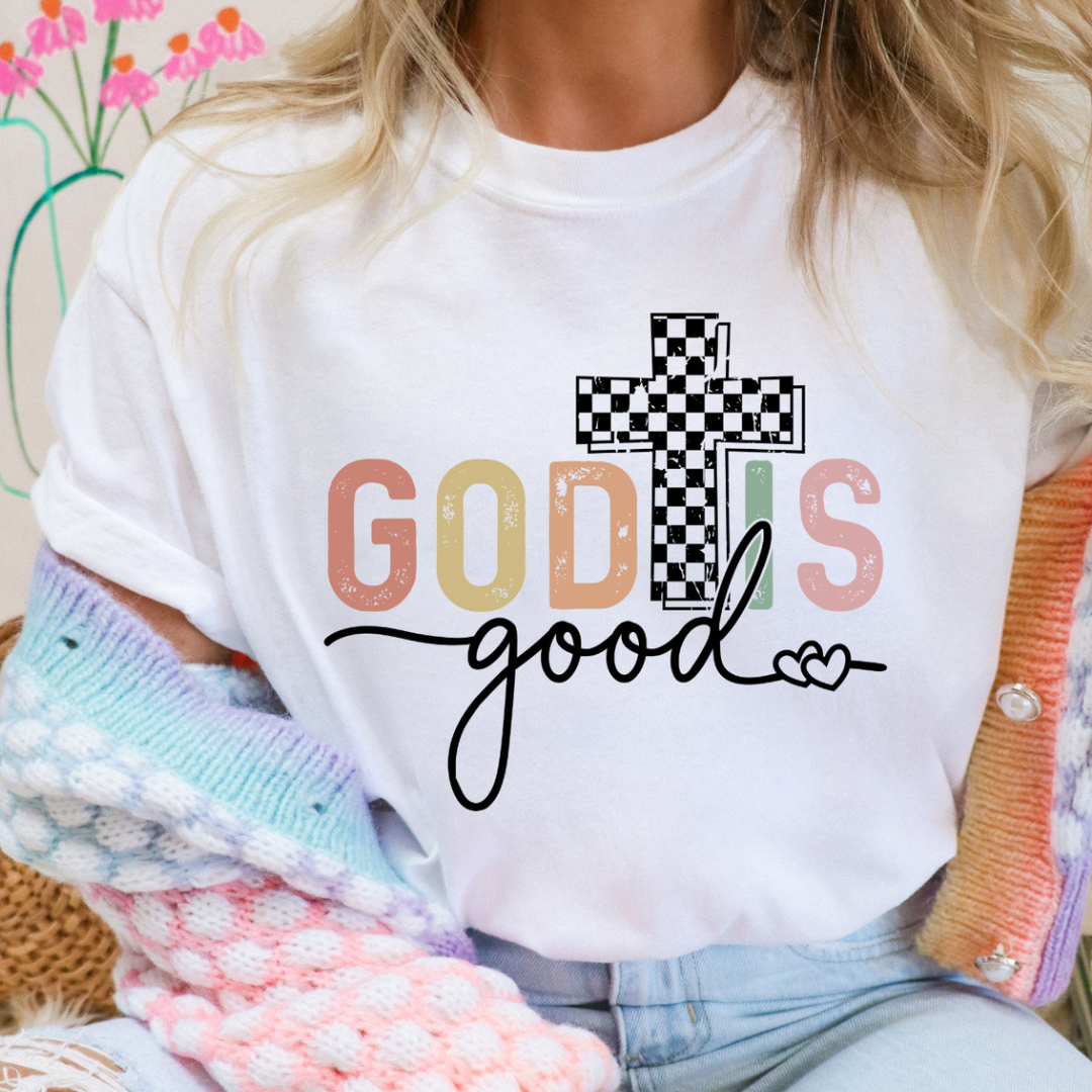 Made to Order | God Is Good Checkered Cross Graphic Tee or Sweatshirt in Multiple Printing Options on White