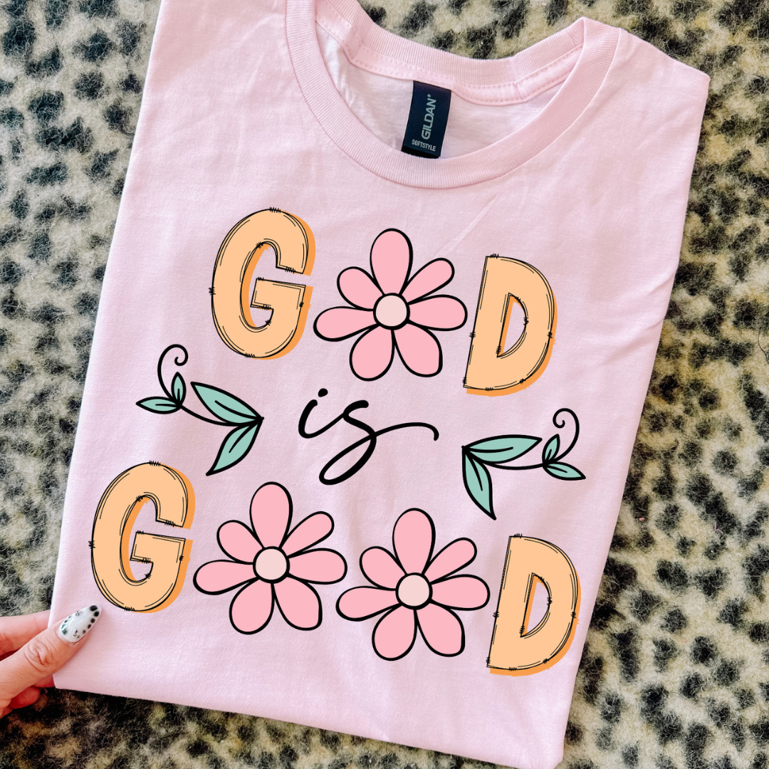 Made to Order | God Is Good Daisy Graphic Tee or Sweatshirt in Multiple Printing Options on Light Pink