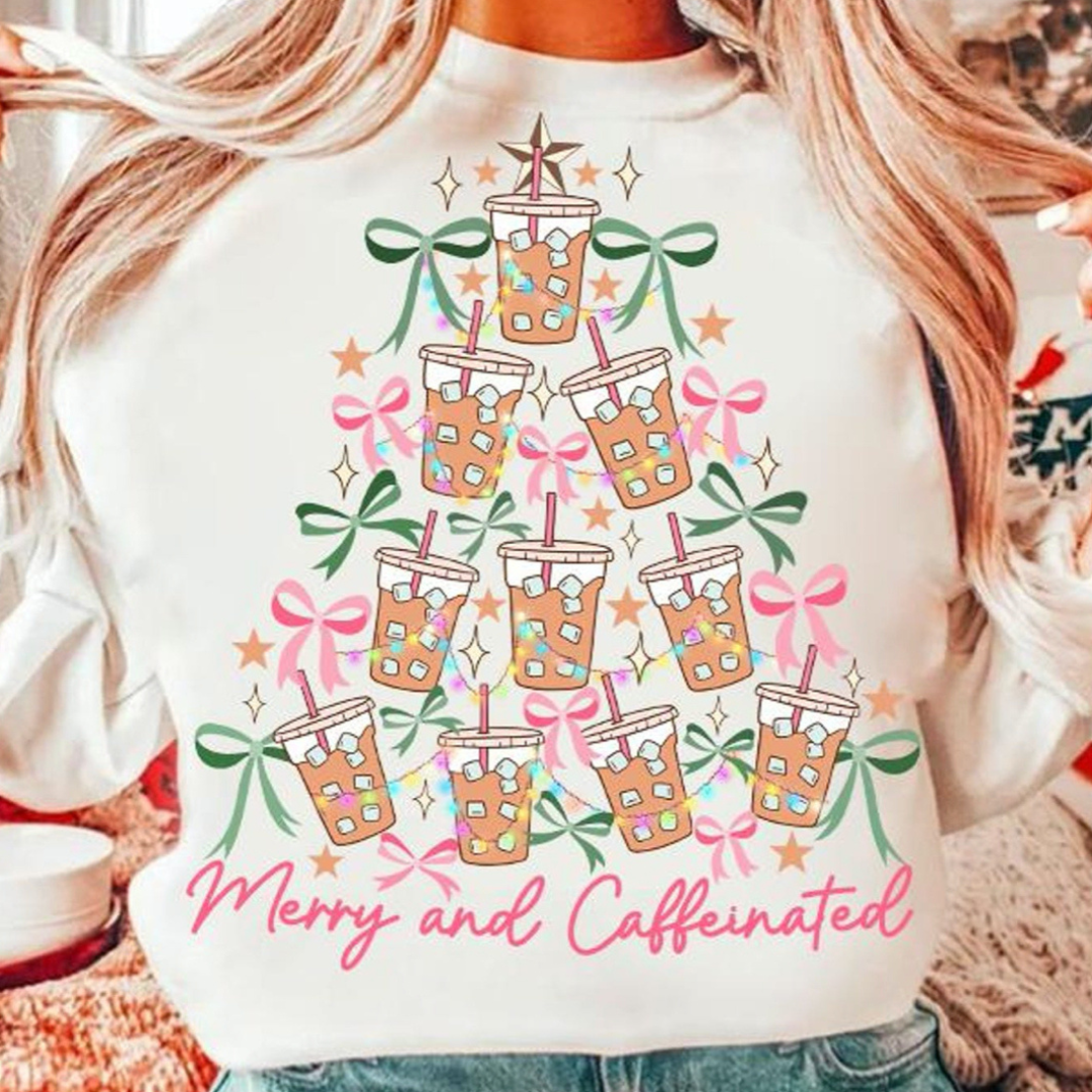 Made to Order | HOLIDAY Caffeinated Tree Graphic Tee or Sweatshirt in Multiple Printing Options on White