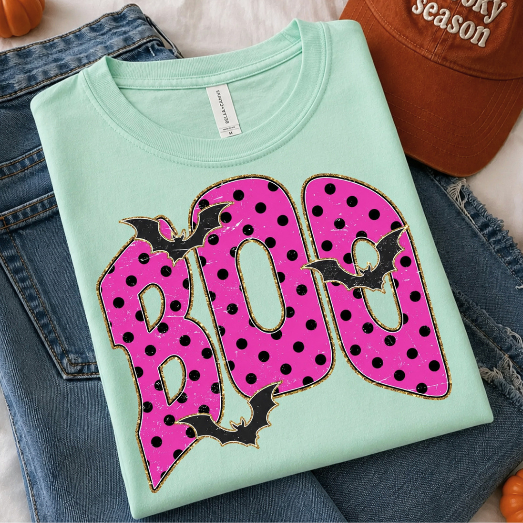 Made to Order | Halloween Boo Polka Bat Graphic Design Tee or Sweatshirt in Multiple Printing Options on Mint Green