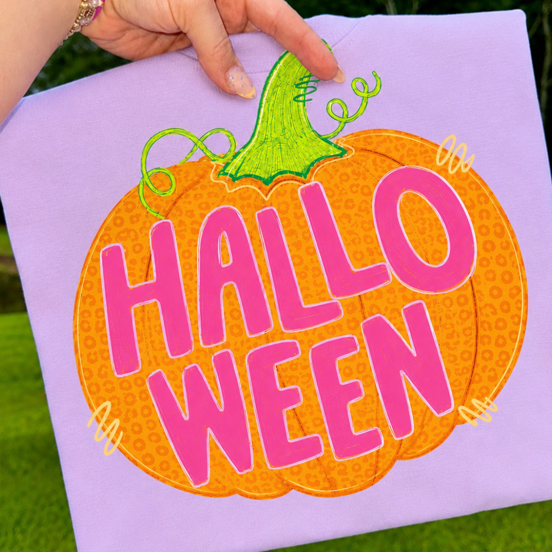 Made to Order | Halloween Bright Leopard Pumpkin Graphic Design Tee or Sweatshirt in Multiple Printing Options on Purple