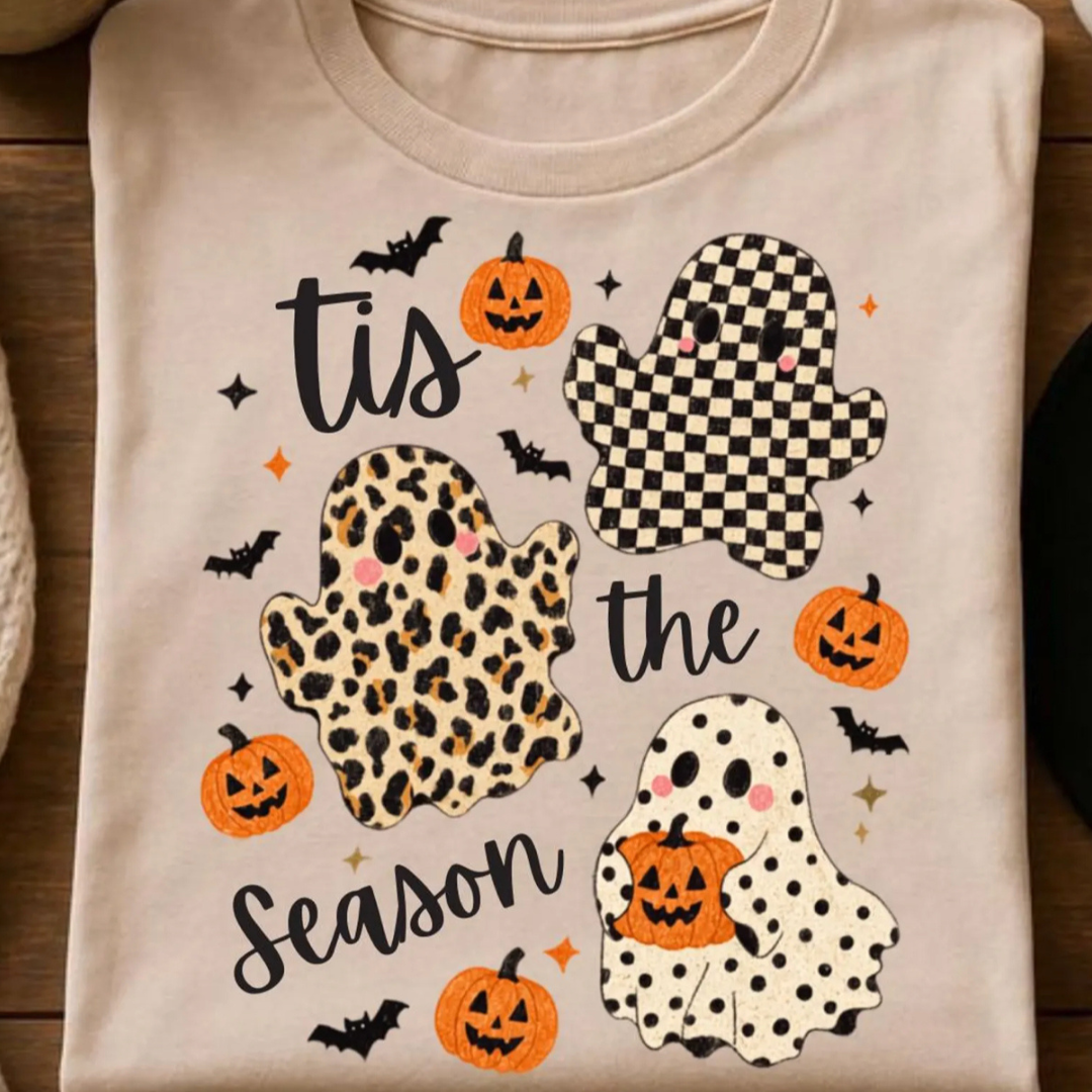 Made to Order | Halloween Tis The Season Ghosts Design Tee or Sweatshirt in Multiple Printing Options on Sand