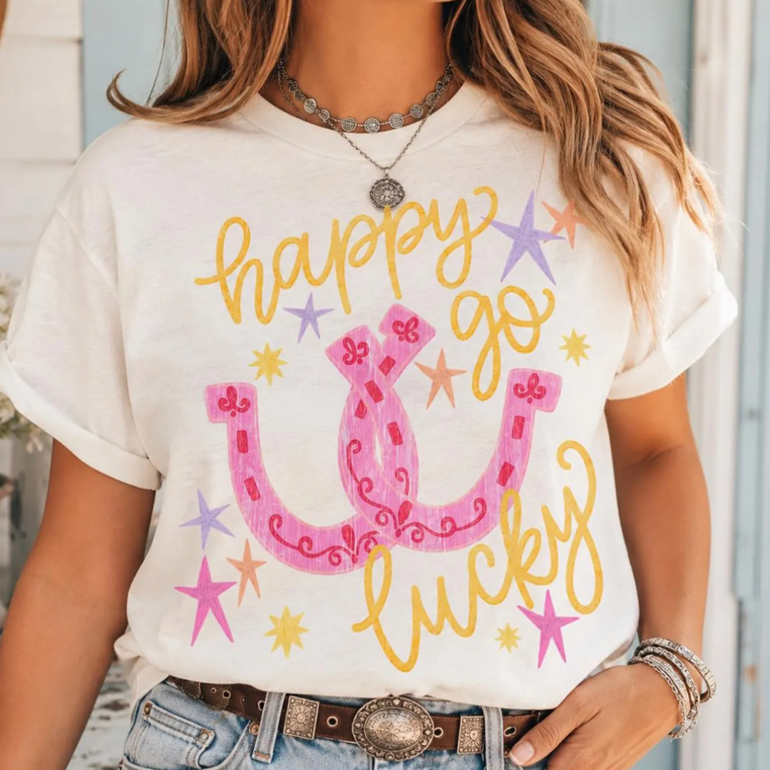 Made to Order | Happy Go Lucky Pink Design Graphic Tee or Sweatshirt in Multiple Printing Options on Black or White
