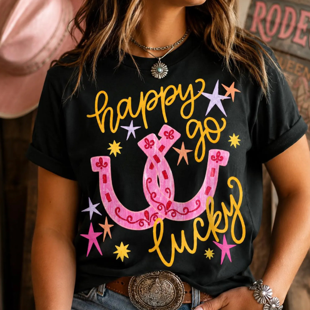 Made to Order | Happy Go Lucky Pink Design Graphic Tee or Sweatshirt in Multiple Printing Options on Black or White
