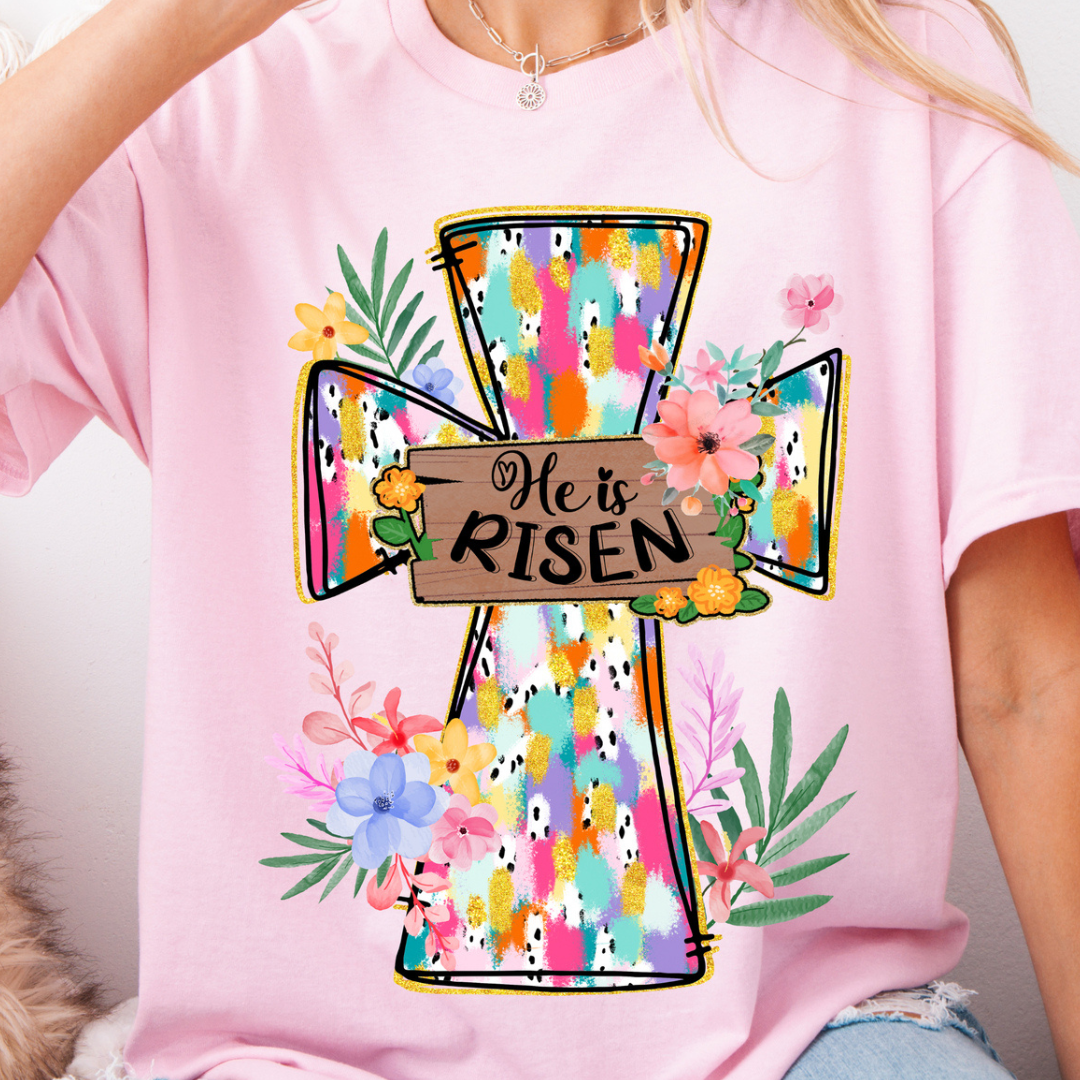 Made to Order | He Is Risen Cross Design Tee or Sweatshirt in Multiple Printing Options on Light Pink