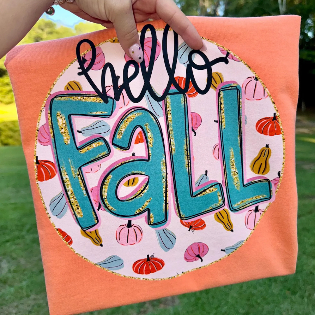 Made to Order | Hello Fall Pumpkins Design Graphic Design Tee or Sweatshirt in Multiple Printing Options on Coral