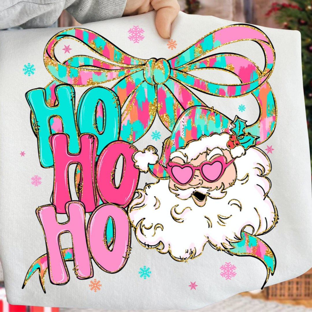 Made to Order | Ho Ho Ho Bow Neon Graphic Tee or Sweatshirt in Multiple Printing Options on Grey
