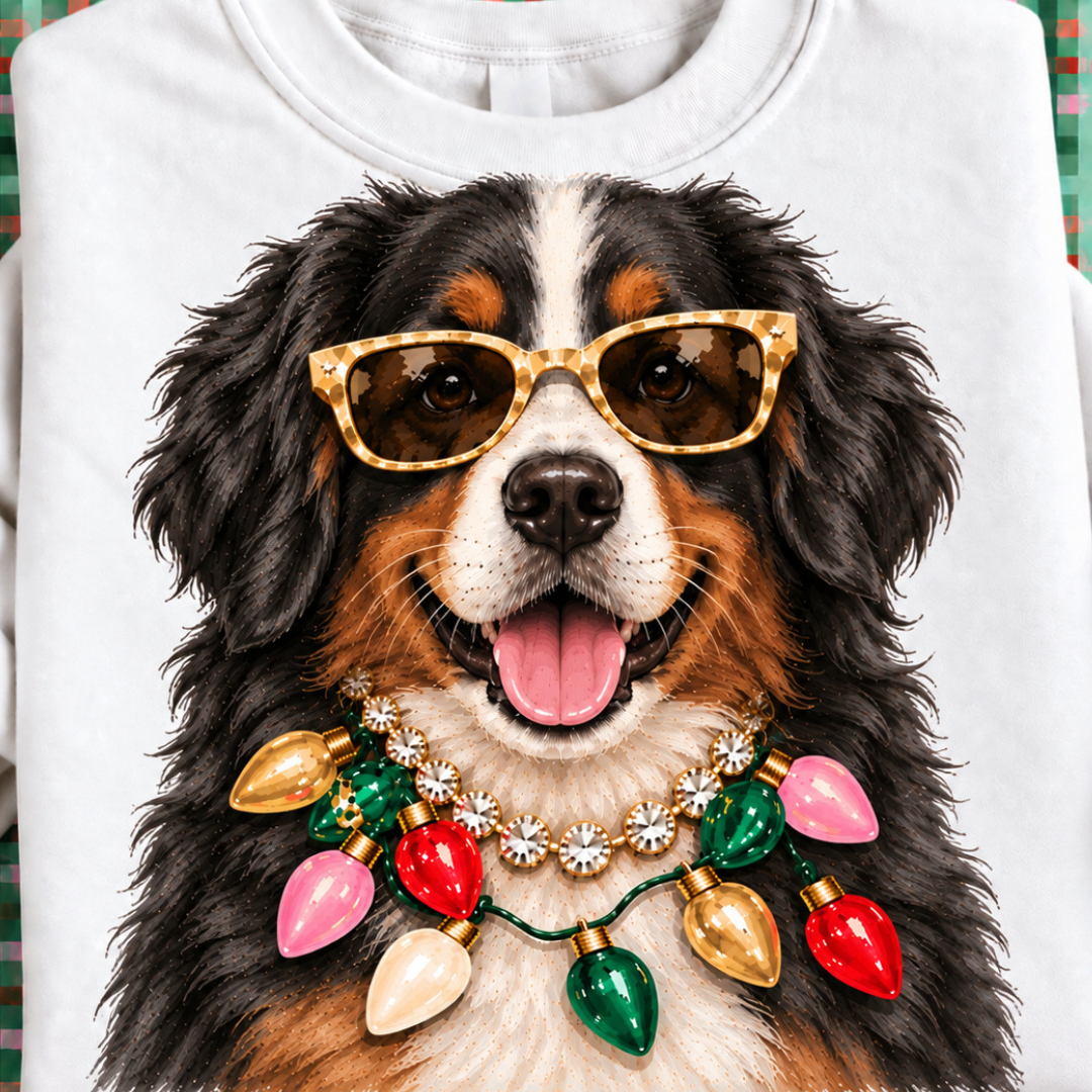 Made to Order | Holiday Boujee Bernese Mountain Dog Graphic Tee or Sweatshirt in Multiple Printing Options on White