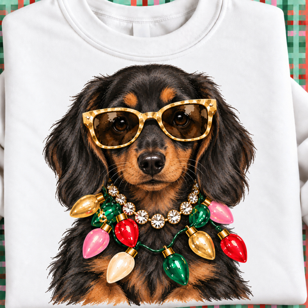 Made to Order | Holiday Boujee Black/Brown Dachshund Graphic Tee or Sweatshirt in Multiple Printing Options on White