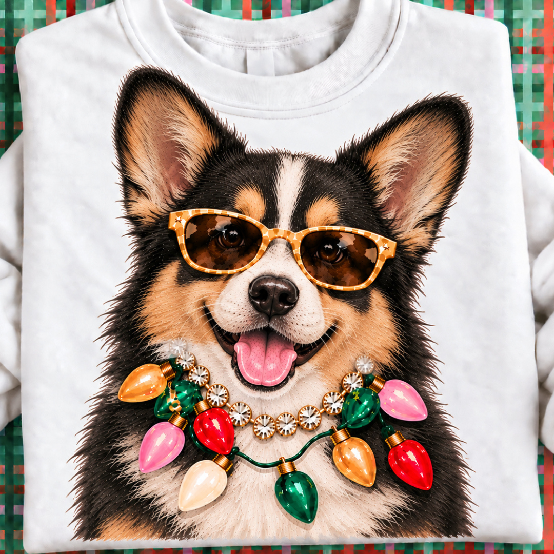 Made to Order | Holiday Boujee Black/White Corgi Graphic Tee or Sweatshirt in Multiple Printing Options on White
