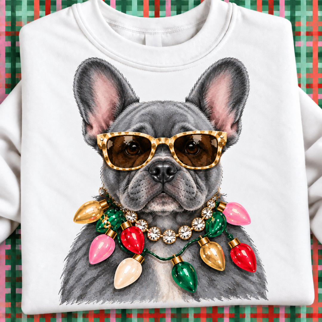 Made to Order | Holiday Boujee Blue Frenchie Graphic Tee or Sweatshirt in Multiple Printing Options on White