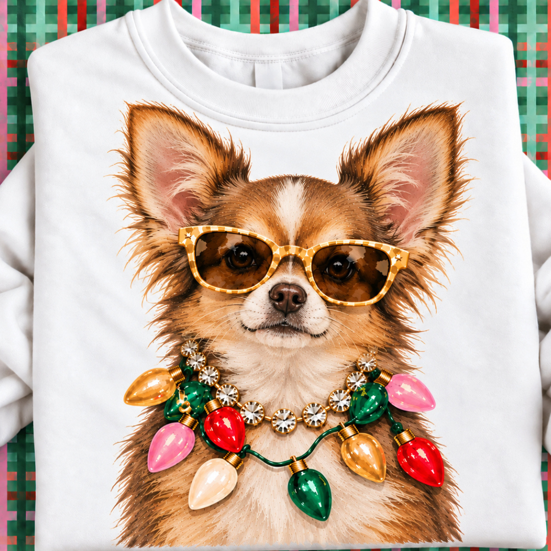 Made to Order | Holiday Boujee Chihuahua Graphic Tee or Sweatshirt in Multiple Printing Options on White