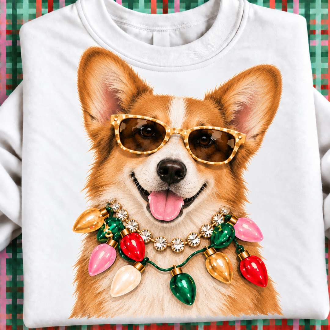 Made to Order | Holiday Boujee Corgi Graphic Tee or Sweatshirt in Multiple Printing Options on White