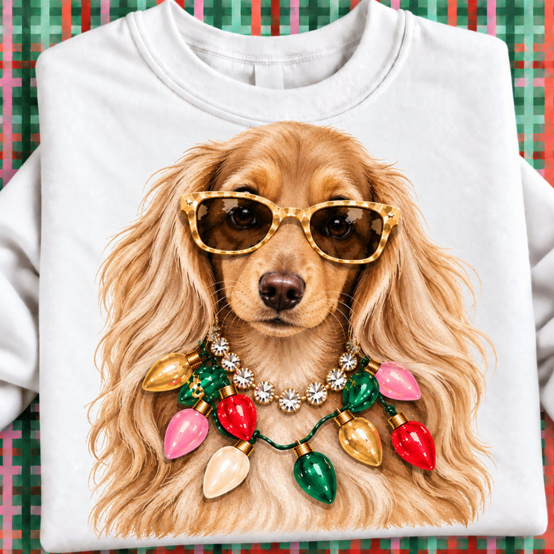 Made to Order | Holiday Boujee Cream Longhair Dachshund Graphic Tee or Sweatshirt in Multiple Printing Options on White