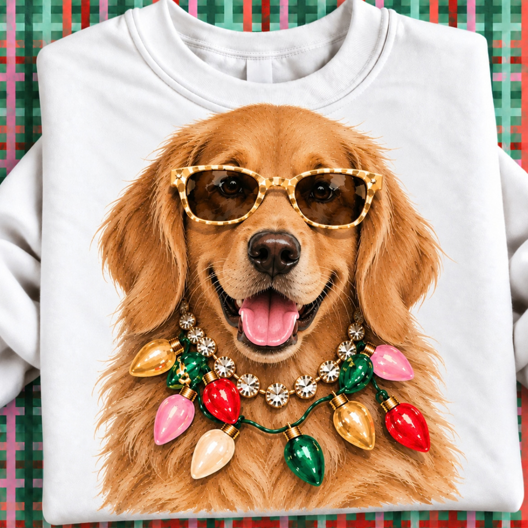 Made to Order | Holiday Boujee Golden Retriever Graphic Tee or Sweatshirt in Multiple Printing Options on White