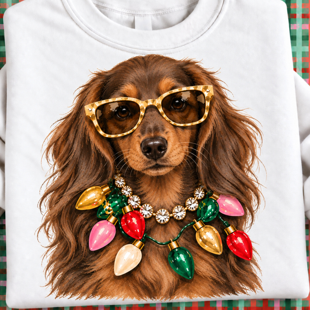 Made to Order | Holiday Boujee Longhair Brown Dachshund Graphic Tee or Sweatshirt in Multiple Printing Options on White