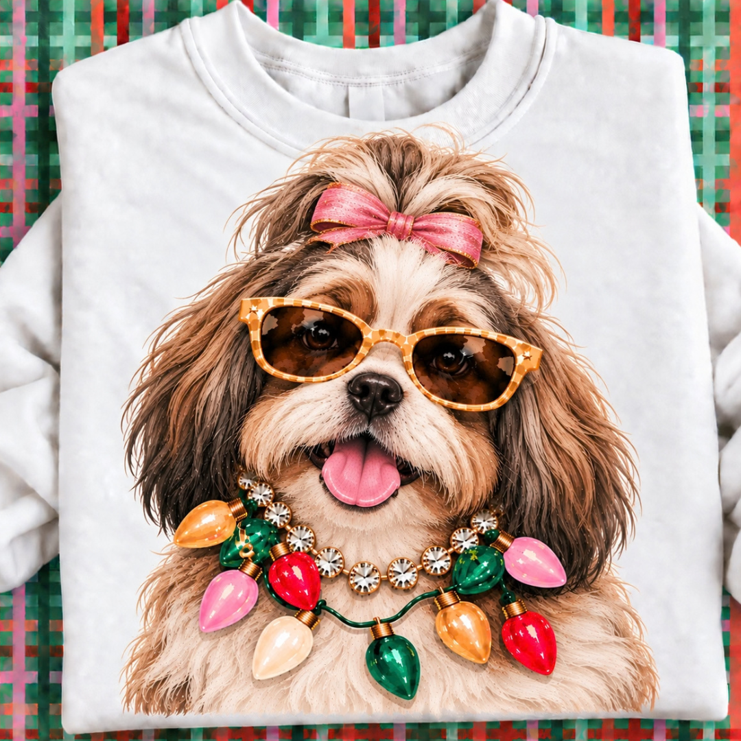Made to Order | Holiday Boujee Shih Tzu Graphic Tee or Sweatshirt in Multiple Printing Options on White