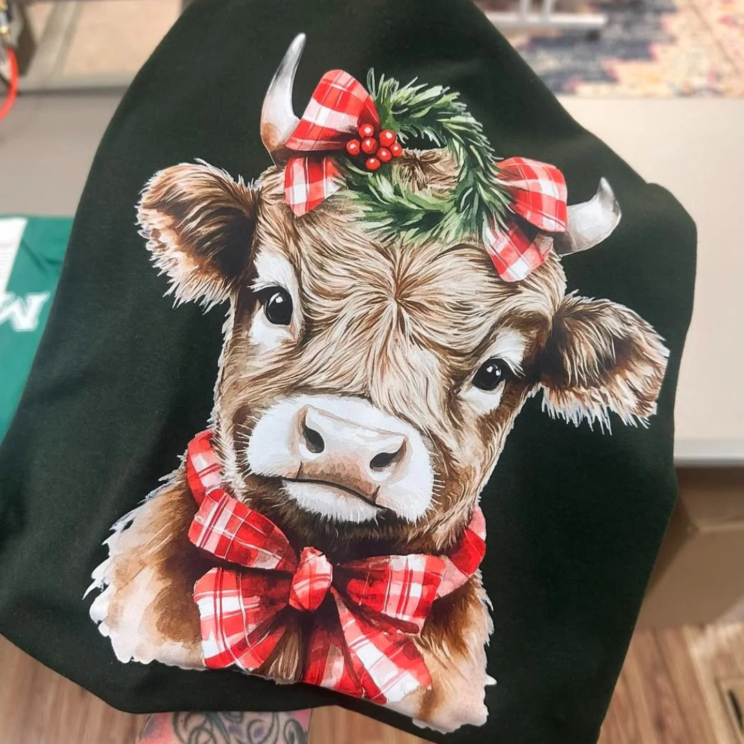 Made to Order | Holiday Highland Cow Graphic Tee or Sweatshirt in Multiple Printing Options on Forest Green