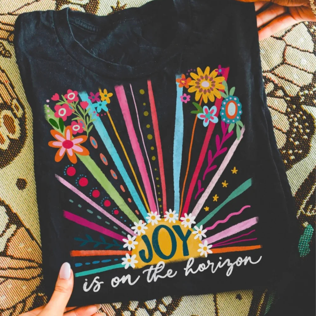 Made to Order | Joy Rainbow Graphic Tee or Sweatshirt in Multiple Printing Options on Black