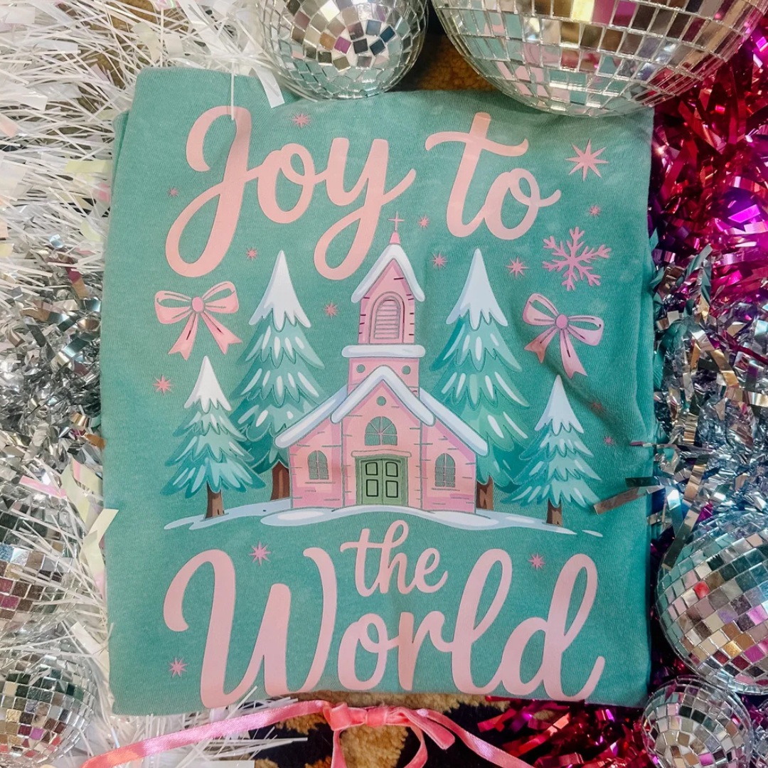 Made to Order | Joy To The World Graphic Tee or Sweatshirt in Multiple Printing Options on Sage Green