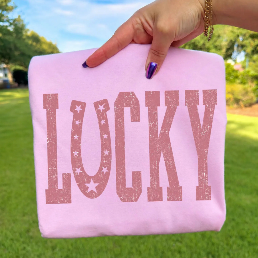 Made to Order | Lucky Horseshoe Graphic Design Tee or Sweatshirt in Multiple Printing Options on Light Pink